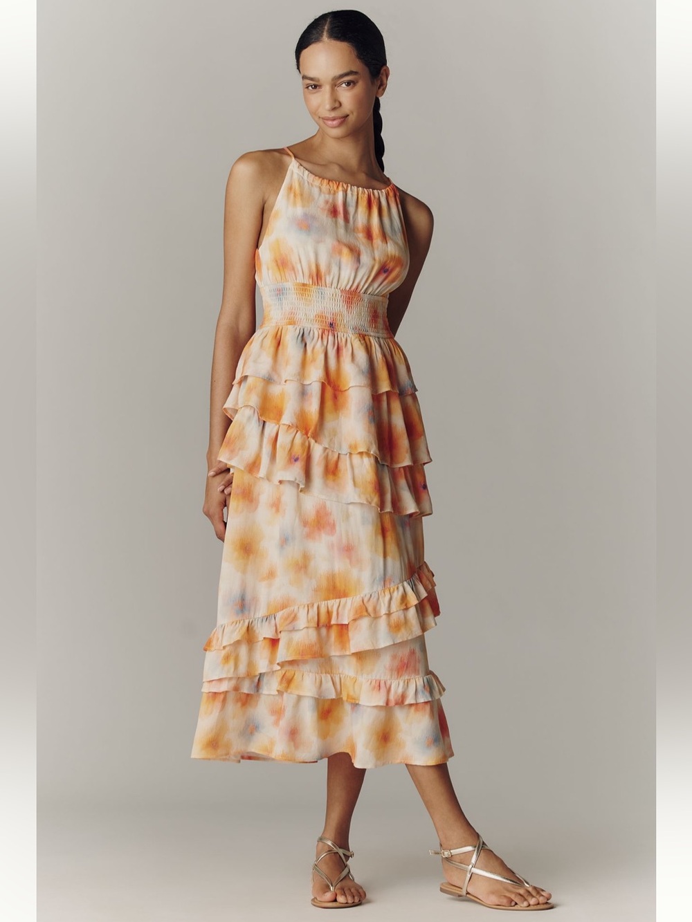 Anthropologie Flowy Abstract Floral Tiered Ruffle Halter Midi Dress S NWT Fall
